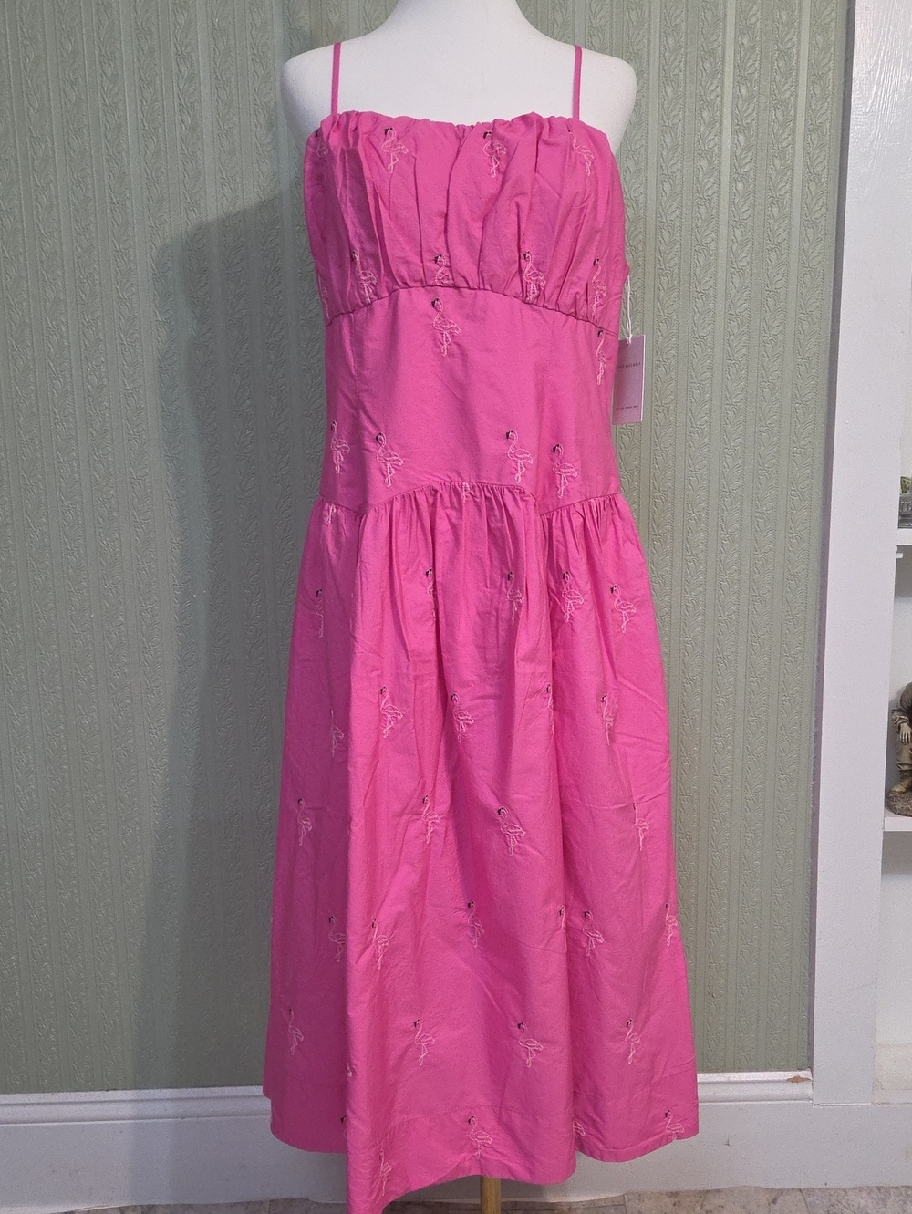 Womens Pink Spaghetti-Strap Flamingo Dress Bow Tie Back Feminine Summer Fun
